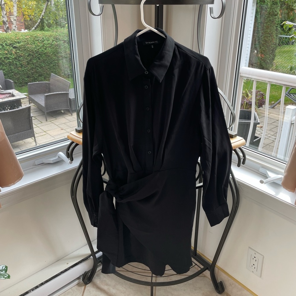 Dynamite black wrap skirt collared button up dress